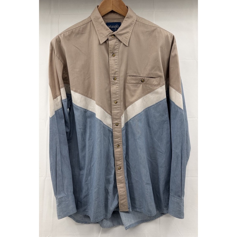 Wrangler Pearl Snap Long Sleeve Western Shirt Mens Large Blue Color block